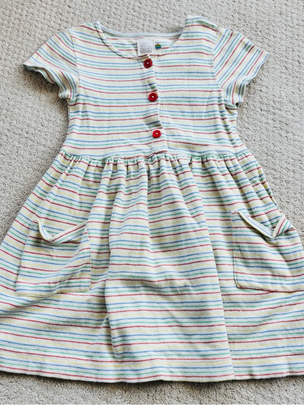 Little bird rainbow stripe Kids Short Sleeve Striped Dress with Red Buttons